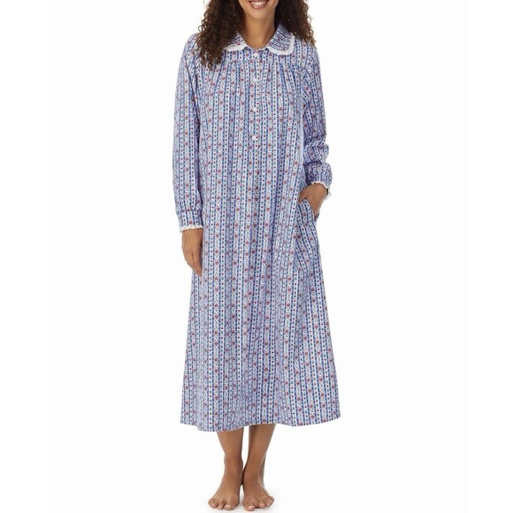 Lanz of Salzburg Blue Tyrolean Flannel Nightgown Peter Pan Collar Long NWT Small